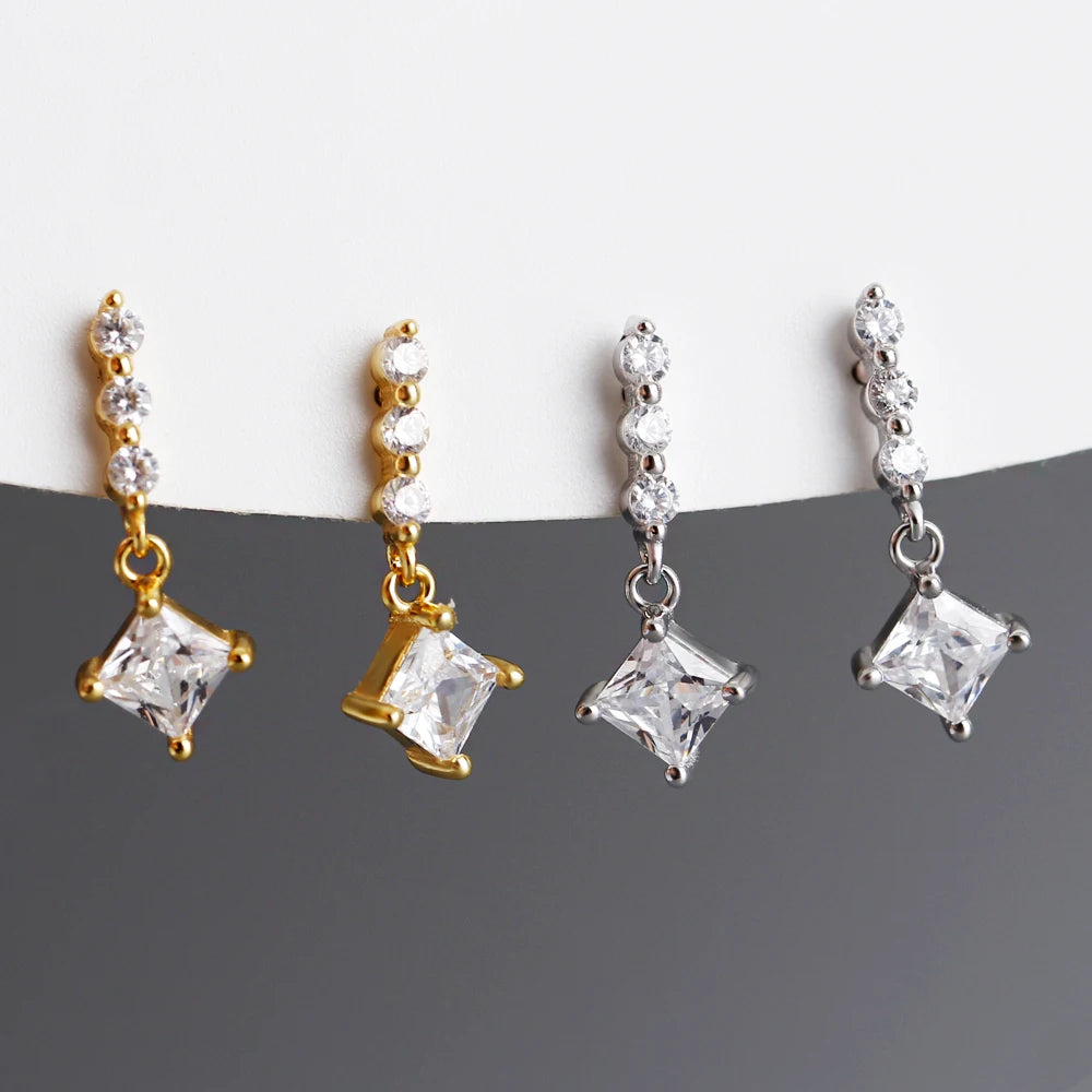 Wholesale Fashion Jewelry 925 Sterling Silver Square CZ Diamond Dangling Gold Plated Stud Earring Jewelry for Women