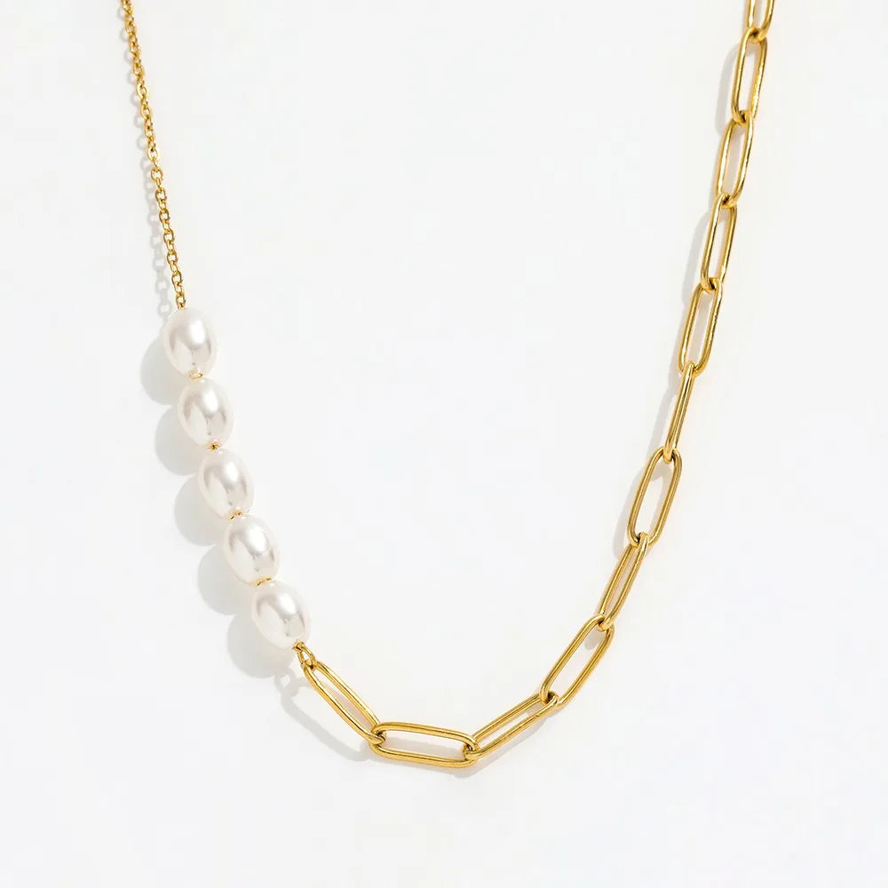 High End 18K Gold Plated Jewelry Wholesale Pearl Paper Pin Mixed Chain Necklace Asymmetric Stainless Steel Fashion Jewelry