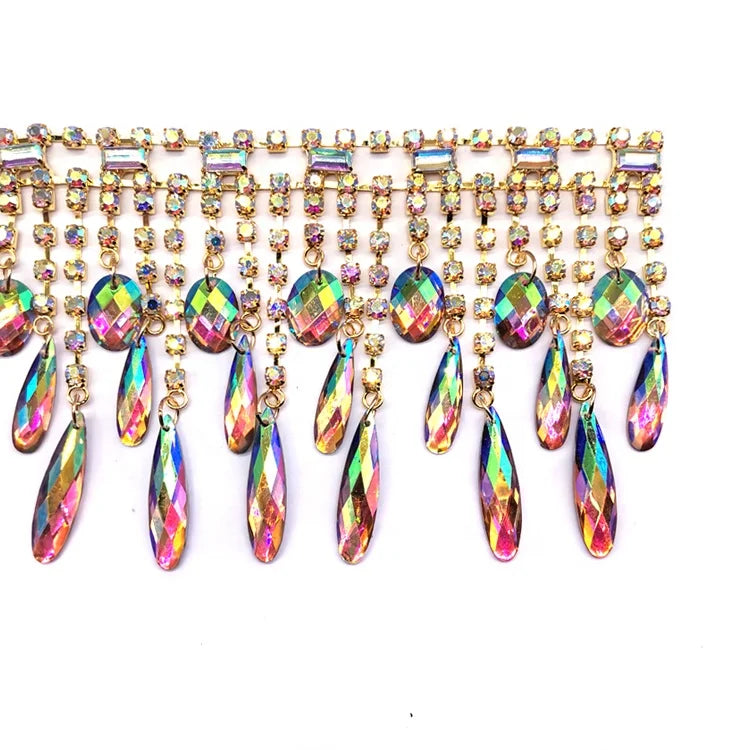 Pink Clear AB Rhinestone Tassel Trimming Fringe Chain Sew-On Technique for Carnival Performance Dress Deco Oval Drop Resin Stone