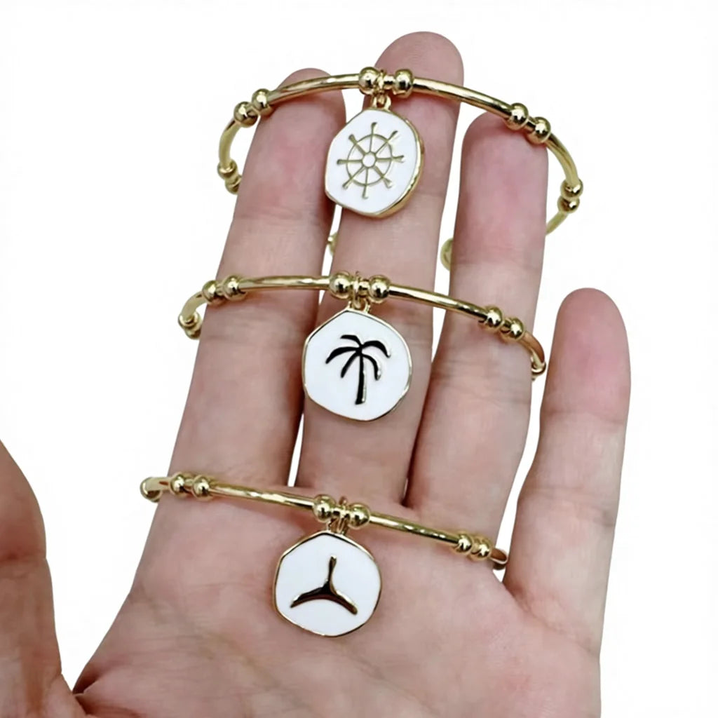BA1071 2023 Fashion Jewelry 18K Gold Plated Open Cuff Bangle With White Enamel Anchor Rudder Palm Tree Shell Tail Charms