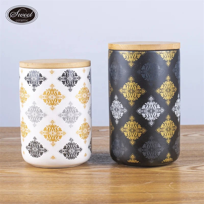 Custom LOGO  Canister Food Storage with Bamboo Lid Jars Containers Ceramic Canisters with Lid for Store Candy Biscuit Nut