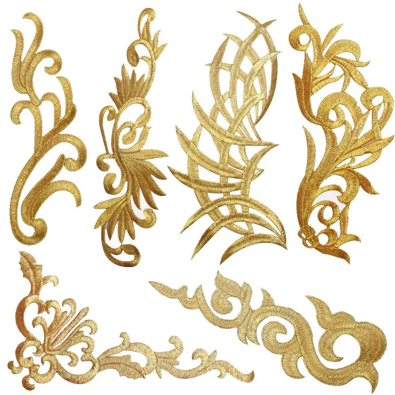 Ethnic Costume Dress Iron-on Applique Patch Embroidery With Shiny Gold Silver Yarn Retro Hollow Geometric Hotfix Patch Stickers