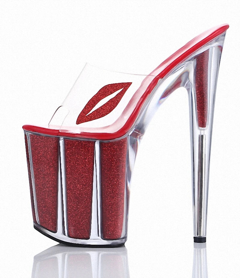 New Transparent Crystal Sequin Red 20cm Fashion Elegant Platform slippers 8 Inch Red Lip Elegant Super High-heeled Pole Dance
