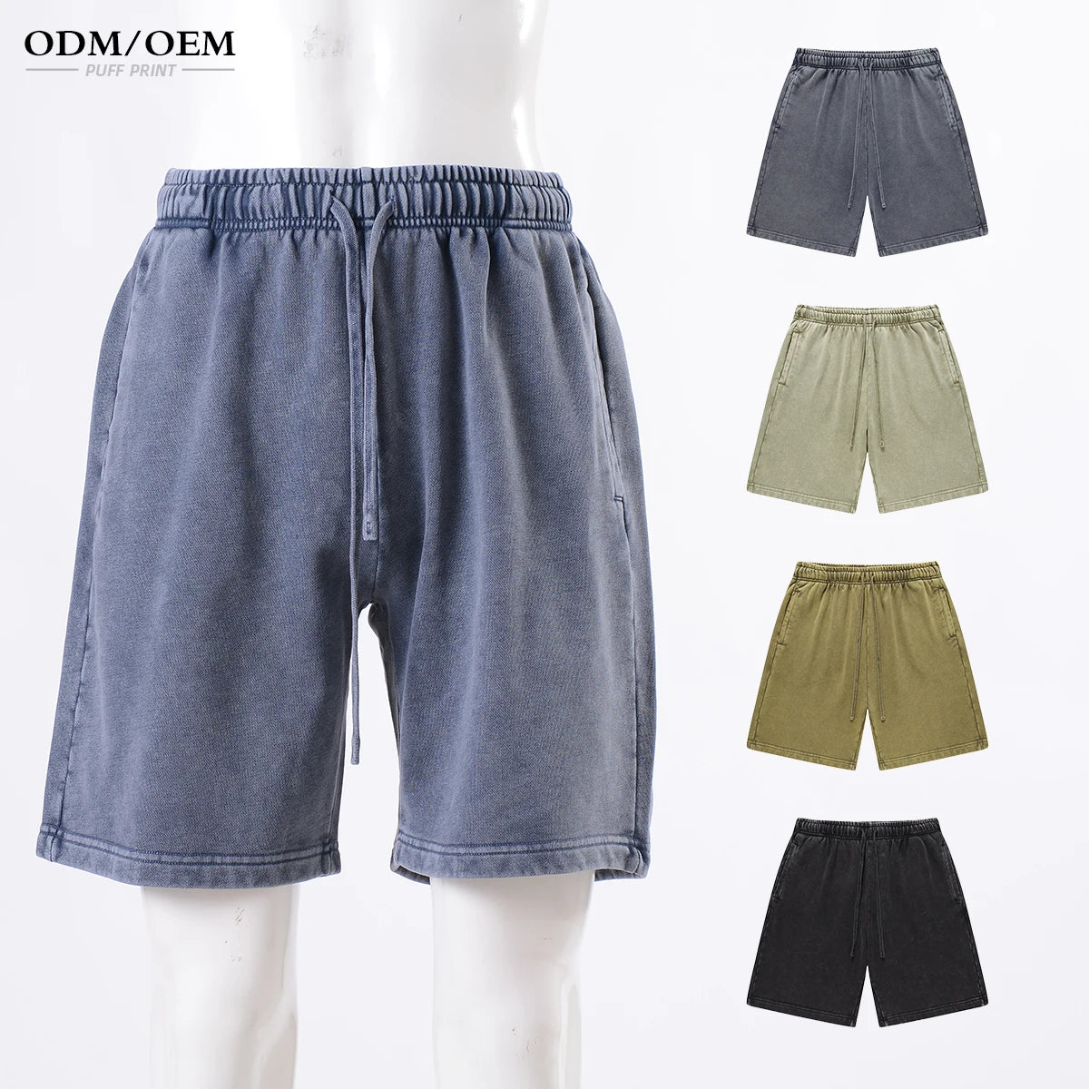 Classic Pop Men's Casual Vintage Oversize Solid Pattern Breathable Terry Cotton Acid Washed Drawstring Closure 420 GSM Shorts