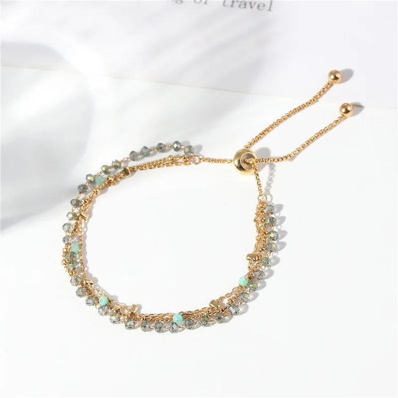 European Popular Multilayer Natural Stone Crystal  Gold Plated Adjustable Triple Layer Crystal Beads Chain