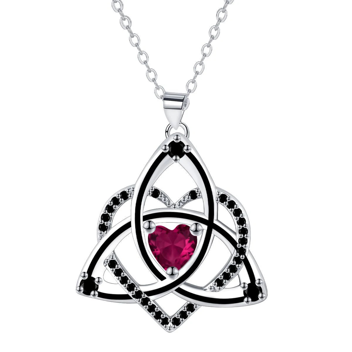 Custom NIGHTCRUZ Witches Knot Ruby Black Zircon Heart Necklace Celtic Triquetra Rhodium Plated Brass Silver Engagement Pendant