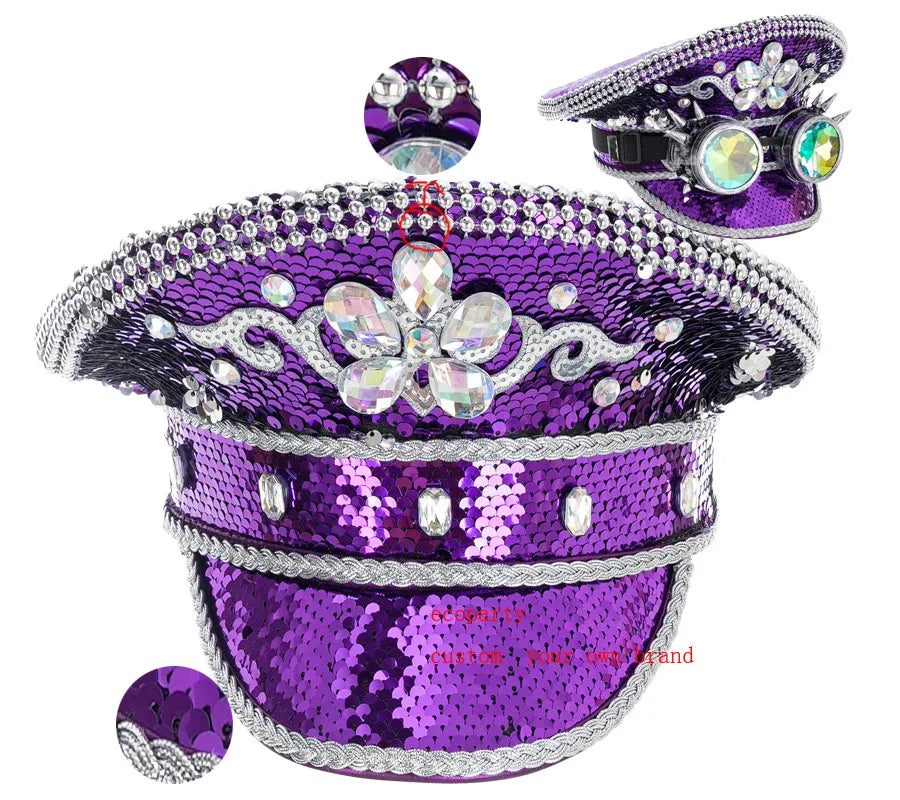 Ecoparty Women Sequin Burning Bride Hat Luxury Bridal Captain Sergeant Hat Octagonal Rhinestone Festival Birthday Part Hat