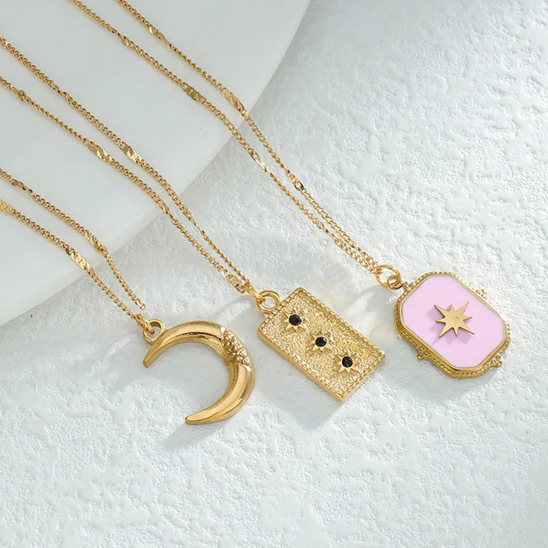 Trendy Gold-Plated Rectangle Sun and Moon Pendant Necklace Geometric Stainless Steel with Diamond for Christian Women