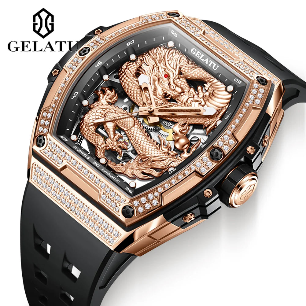 GELATU 6021 OEM Luxury Custom logo Hollow Skeleton Dragon Tourbillon Rubber Strap Odm Sports Automatic Mechanical Watch for Man