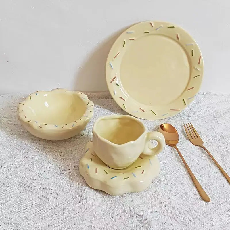 Solhui Ins Korea Cream Irregular Donut Ceramic Tableware Set Light Luxury Afternoon Tea Cup Creative Dessert Plate