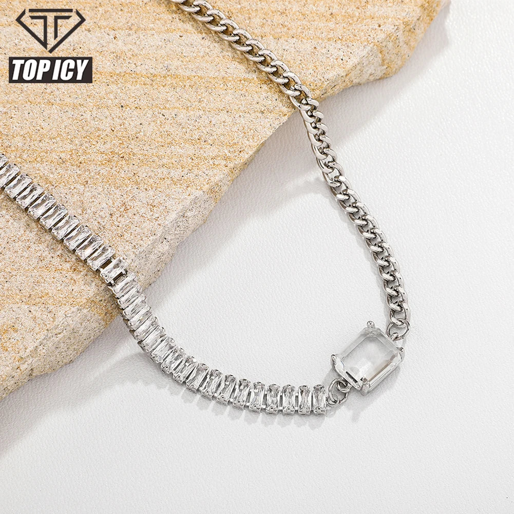INS Hot Selling Stainless Steel Alloy Gem Zircon baguette CZ Women Bling Clavicle Chain Luxury Necklace Accessories Jewelry