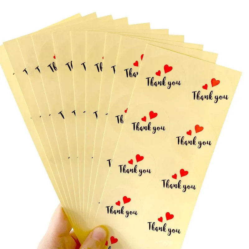 100pcs/pack Cute Round THANK YOU with Red Heart Sealing Label Transparent Kraft Sticker Baking DIY Gift Stickers Labels