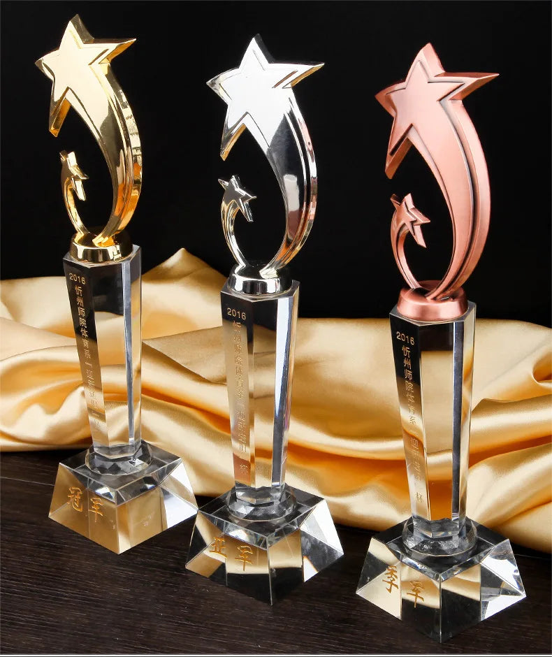 Unique Souvenir Gold Metal Glass Trophy Crystal Award Star Trophy Crystal Base Star Award