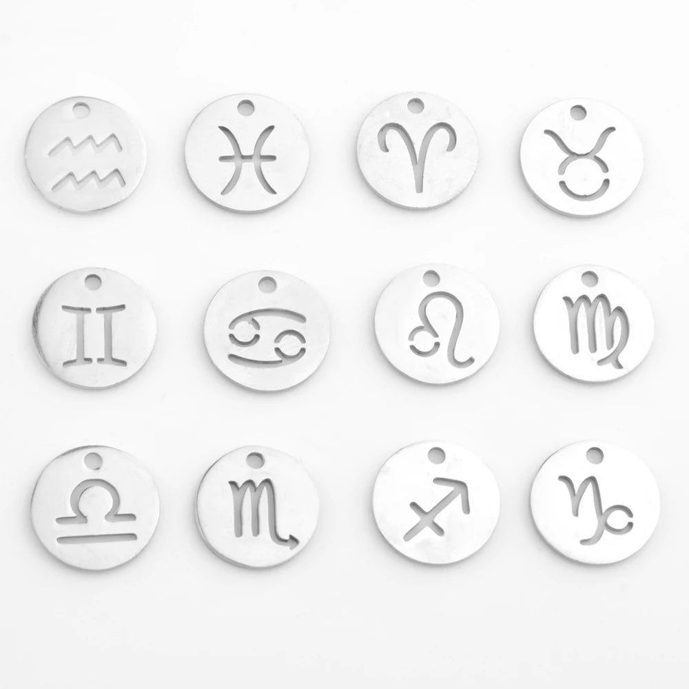 Print Logo Stainless Steel Metal Pendant Round Spacer Beads Necklace Bracelets Zodiac Charm