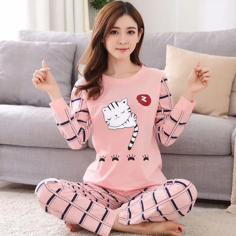 Autumn Women's Comfortable Milk Printing 2-Piece Pajama Set Elastic Waist Long Sleeve Home Wear with Round Neck for Summer