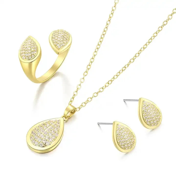 New Luxury  Brass CZ Zircon Simple Water Drop Pendant Necklace Dangle Earrings Set for Women