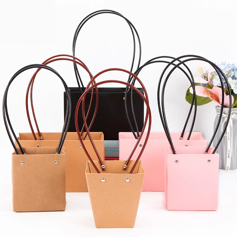 Custom Your Own Logo Biodegradable Eco Friendly Print Pink Brown Floral Craft Packaging Kraft Bag Water Resist Flowers Bouquet