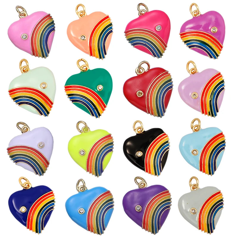 Enamel Rainbow Heart Charms Cubic Zirconia Crystal Retro 1980's Style Charm Vintage Heart Pendant Red Pink Turquoise M54