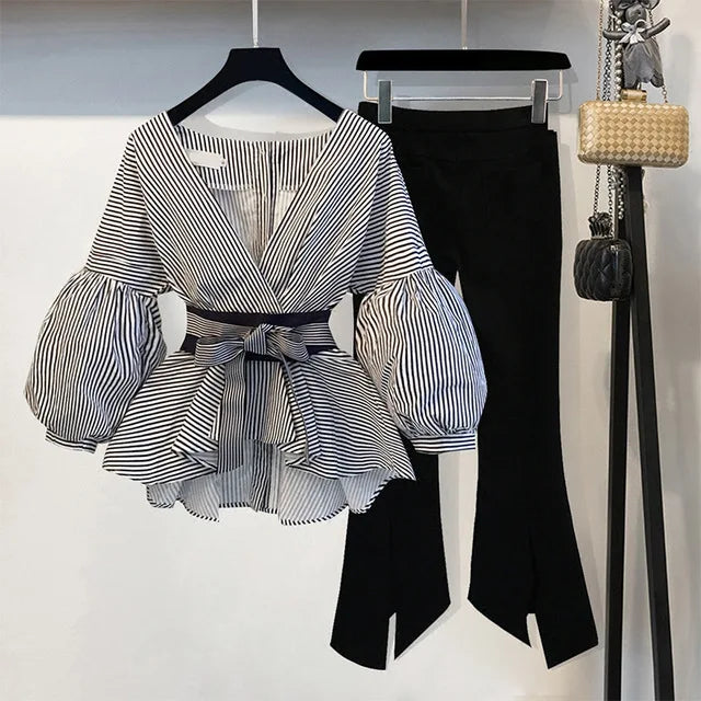 S-3XL Women Korean Summer Office 2 Piece Set V-neck Lantern Sleeve Bow Striped Blouse Shirt + Split Pencil Flare Pant SET
