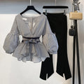 S-3XL Women Korean Summer Office 2 Piece Set V-neck Lantern Sleeve Bow Striped Blouse Shirt + Split Pencil Flare Pant SET