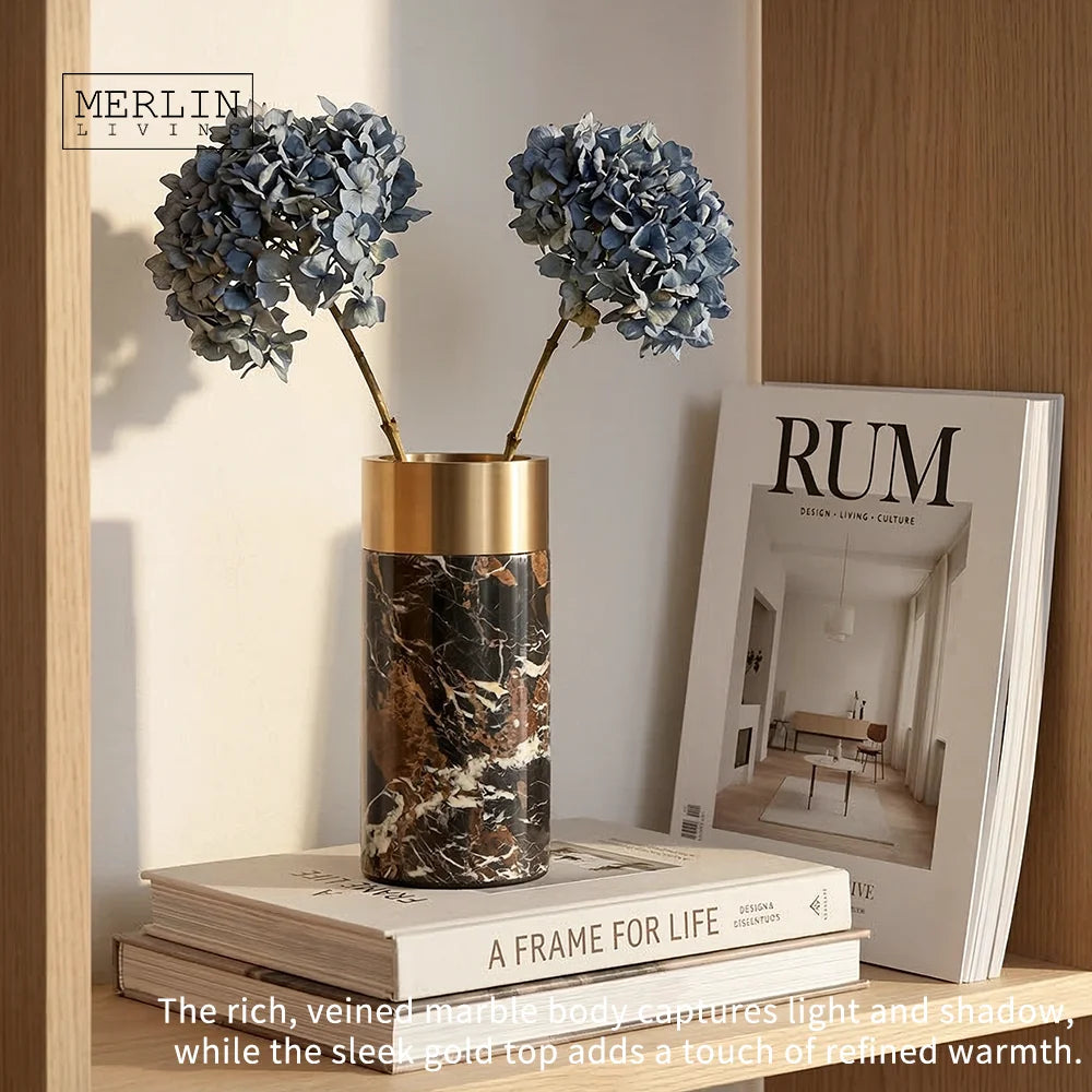Merlin Living Black Marble Vases Cylindrical Ceramic Smooth Electroplated Golden Home Decor for Vase Decoration