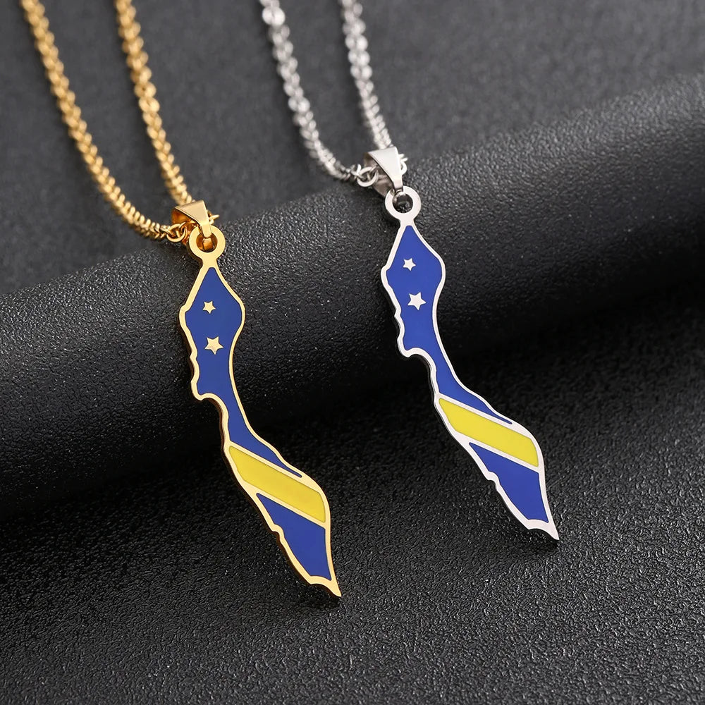 Enameled Curacao Island Map Chain Necklaces Stainless Steel 18K Gold Plated Enamel Curacao National Flag Map Pendant Necklace