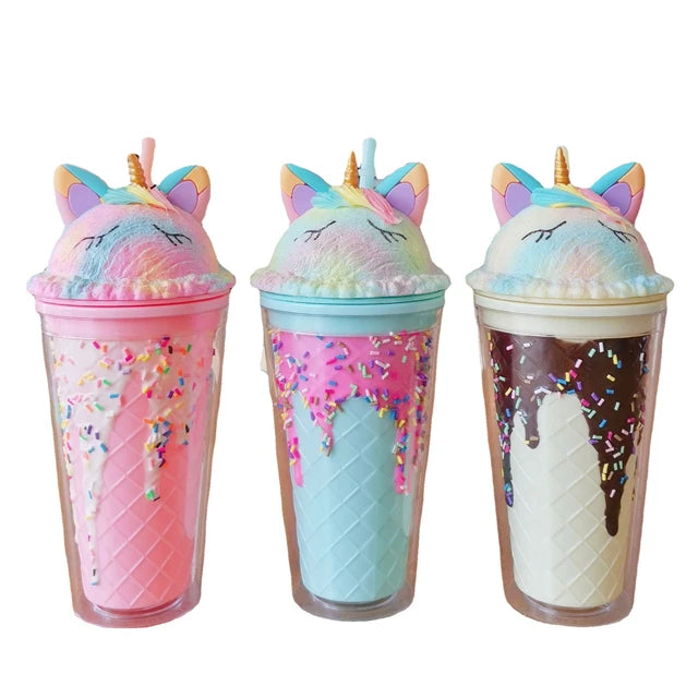 Plastic Cute Unicorn Design Ice Cream Double Wall Cold Water Cup Skinny Tumbler Water Bottles for Summer With Lid and Straw