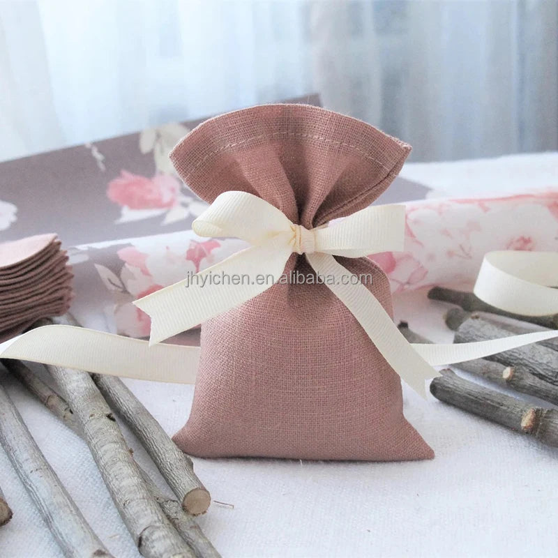 High Quality 3*4inch Rose Linen Pearl Trinket Drawstring Bags Cotton Earrings Pouches for Jewelry