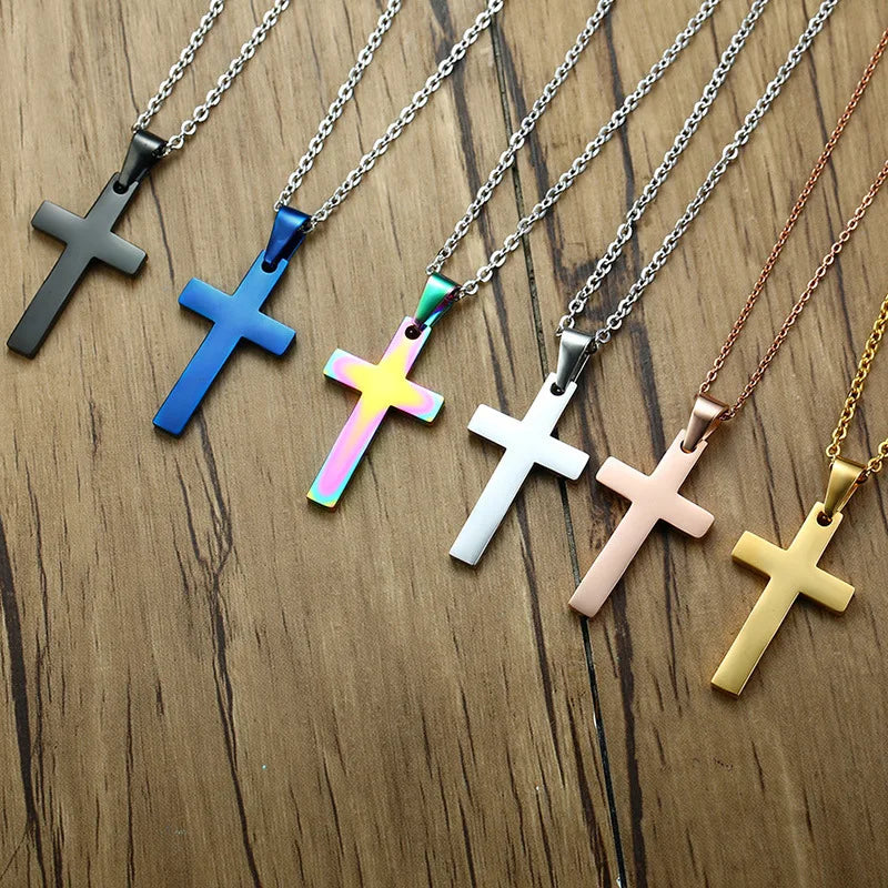 Titanium Stainless Steel Multicolor Christian Cross Pendant Necklace for Men Women Charm Religious Accessories