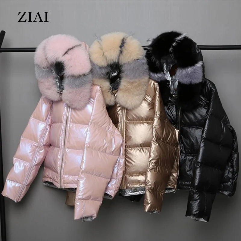 Hot Selling Puffer Coats Ladies Metallic Shiny Duck Down Coat With Real Big Fur Hood Waterproof Bubble Coat for Women