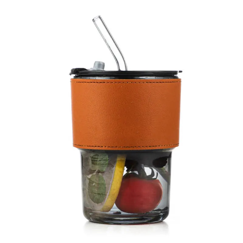 2025 Hot Selling Glass Coffee Container with PU Cover and Straw