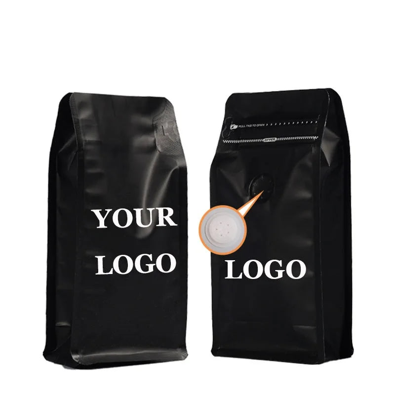 Custom Printed Matt Black Aluminum Foil Flat Bottom Coffee Tea Powder Packaging Bag Zip Lock with Valve for Coffee Tea Storage