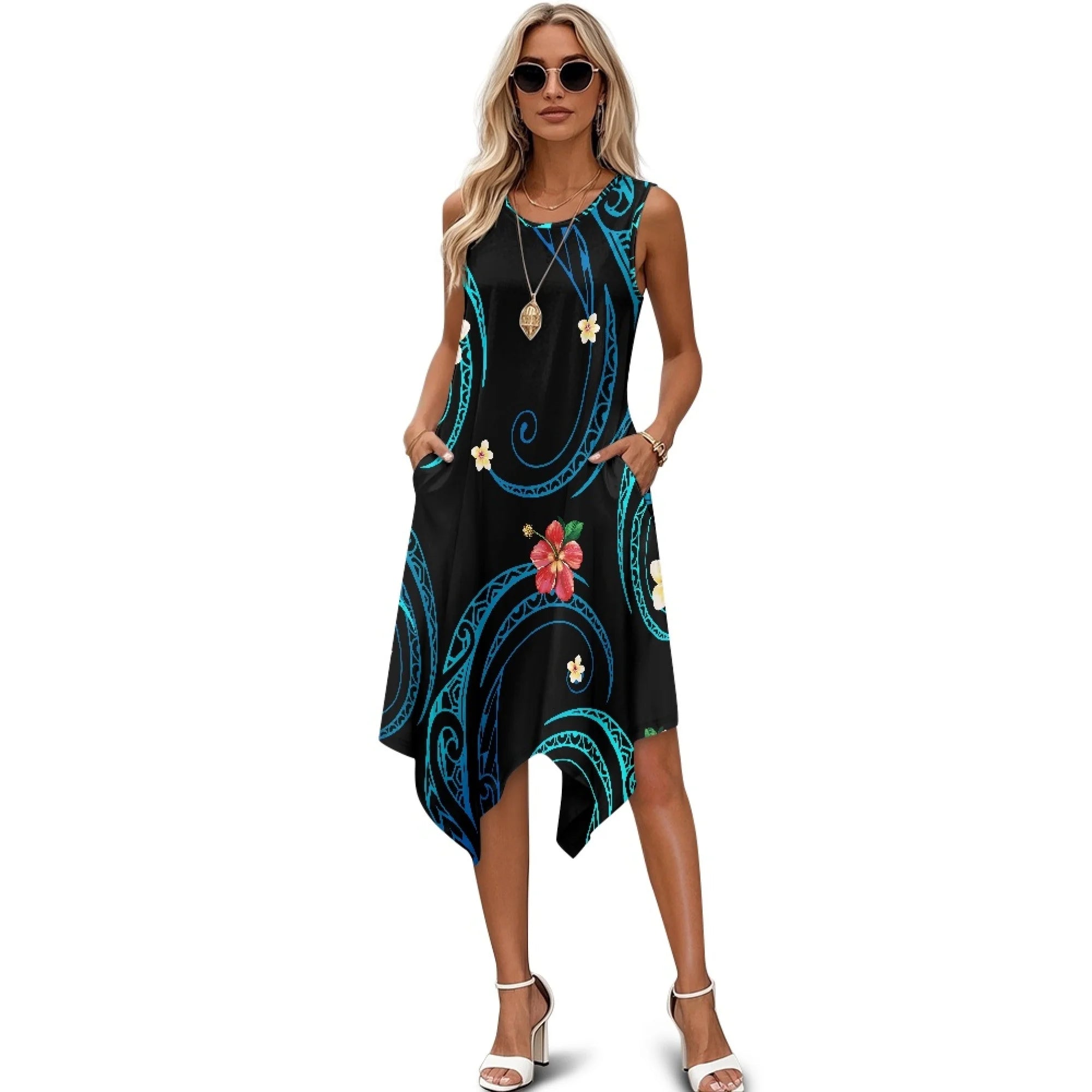Luxury Wholesale Polynesian Samoan Style Hem Womens Sleeveless Round Neck Irregular Skirt Ladies Casual Floral Dress with Pocket