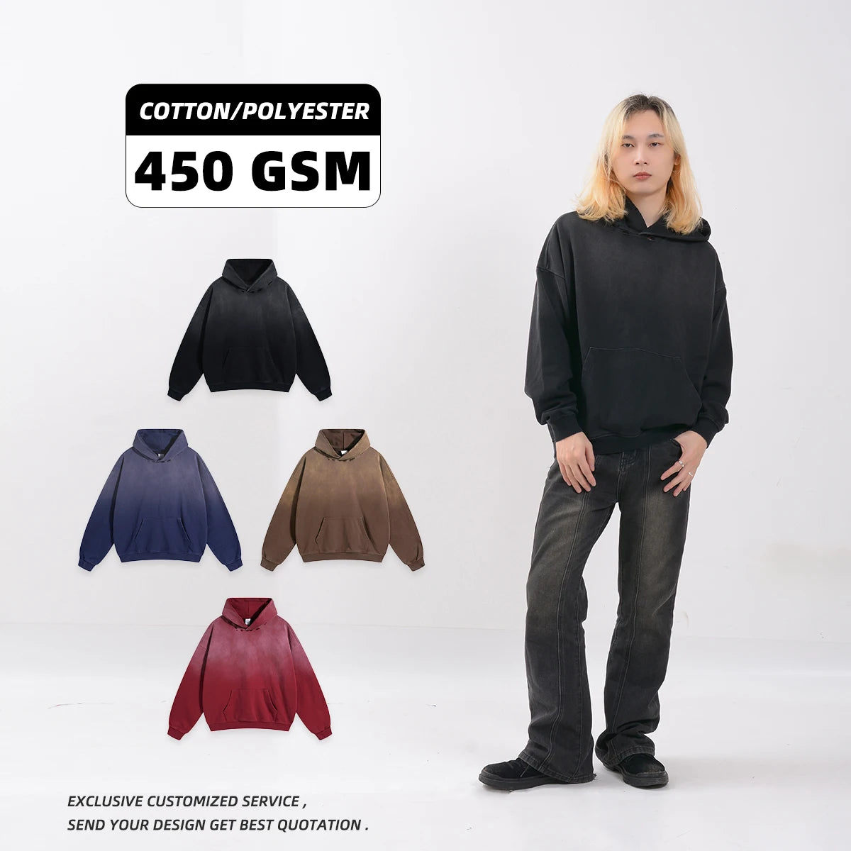 450 Gsm Winter Print Acid Wash Vintage Distressed Oversized French Terry Hoodie for Men 2024