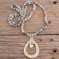 Women's Bohemian Jewelry 8mm Natural Gemstone Amazonite Necklace 7.5cm Matt Metal Rhinestone Drop Geometry Pendant Necklace