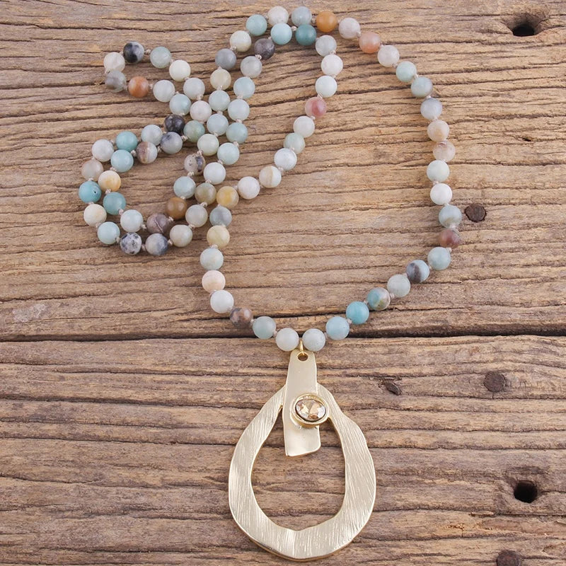 Women's Bohemian Jewelry 8mm Natural Gemstone Amazonite Necklace 7.5cm Matt Metal Rhinestone Drop Geometry Pendant Necklace
