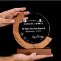 Wholesale Pujiang Factory Wooden Base Crystal Trophy Cup Custom Laser Engraving Blank Round Wood Glass Trophy for Gifts