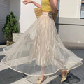 Women Embroidery Dragonfly Tulle Gauze Elegant Sweet Elastic Waist Midi Floral Mesh Skirt for All Season