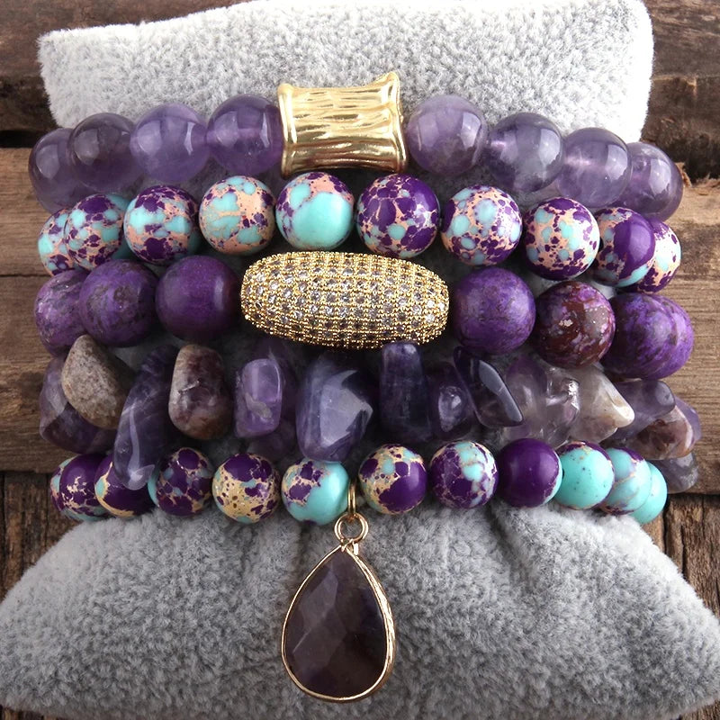 Women Bead Bracelet Imperial Jasper Elastic Natural Chip Stone Crystal Pave Oval Cubic Zircon Ball Stretch Stack Bracelets Sets