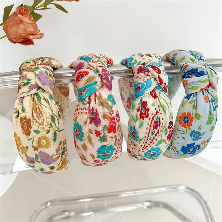 French Floral Simple Print Satin Knotted Fabric Headband Wide Edge Sponge Hair Band for Decoration Spring Style