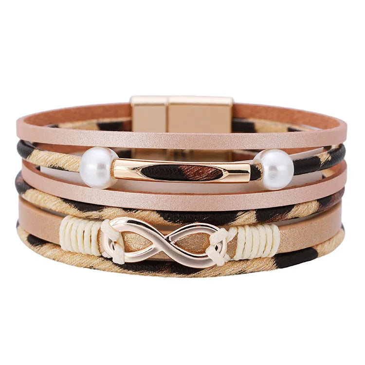 DHJ00208 Fashion Multi Layer Leopard Leather Bracelet Women Magnetic Buckle PU Leather Bracelet