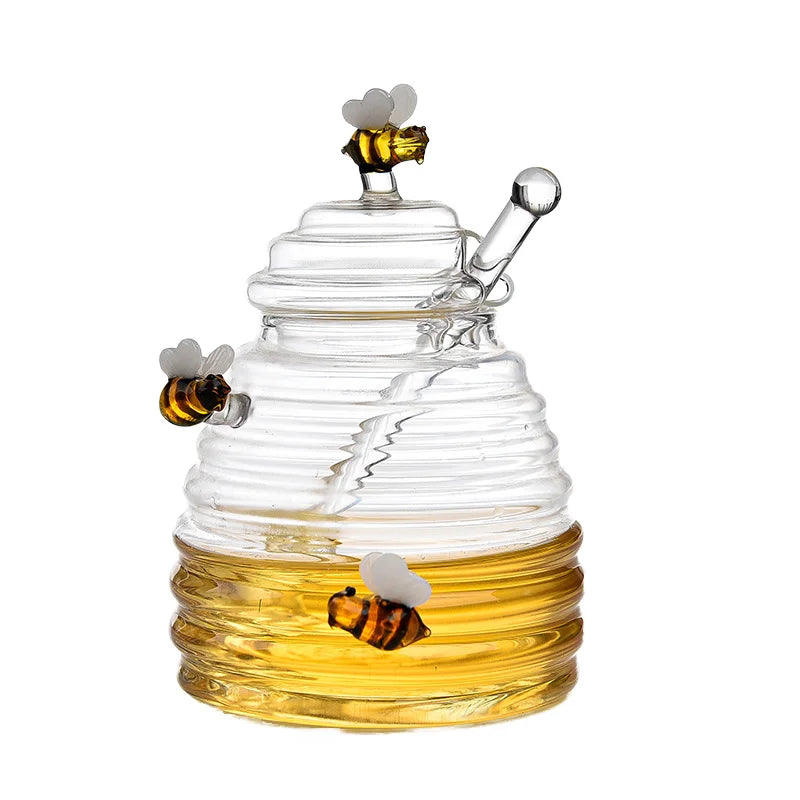 New Design Cute Honeycomb Shape Glass Honey Jar 500ml with Dipper and Bee Decoration for Cookie and Jelly