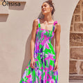 New European  Women  Fashion Print Collarless  Sleeveless Summer Daily  Loose Waist  Holiday Lady Maxi Long Casual Dress