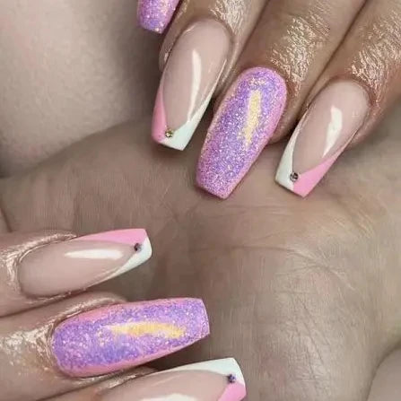 Wholesale Temooi 24Pcs ABS Full Cover Long French Ballerina Glitter False Nails Custom Logo Press Nail Glue Finger Decoration