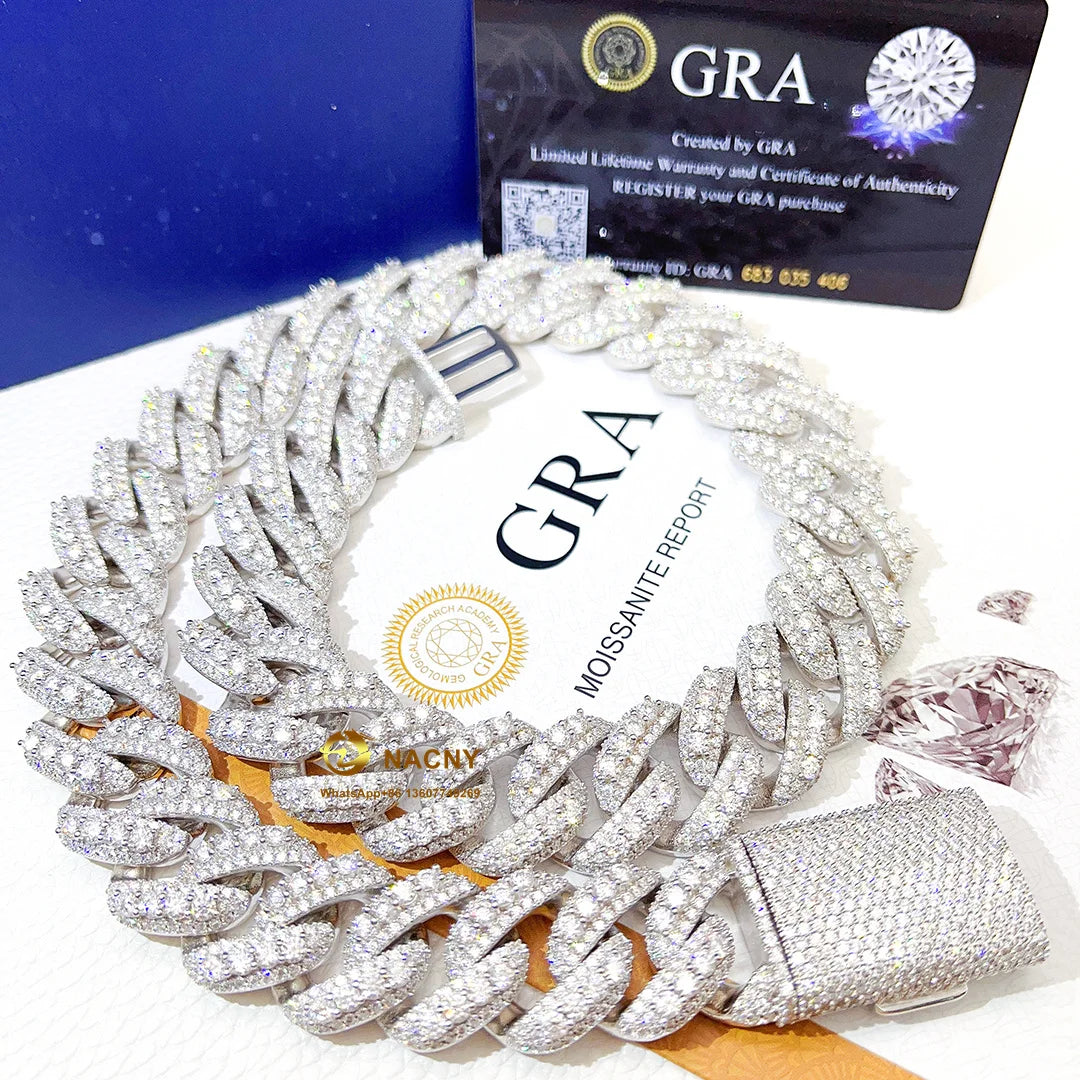 Hip Hop Jewelry 20mm 3 Row Pass Diamond Test VVS Moissanite Diamond Iced Out Necklace 925 Silver Cuban Link Chain