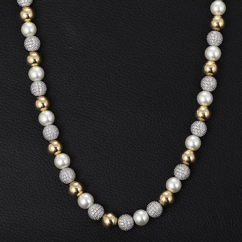 Luxury Jewelry Imitation Pearl Chain Hip Hop 18k Gold Plated Bead Bracelet Necklace Iced Out Diamond Jewelry Set