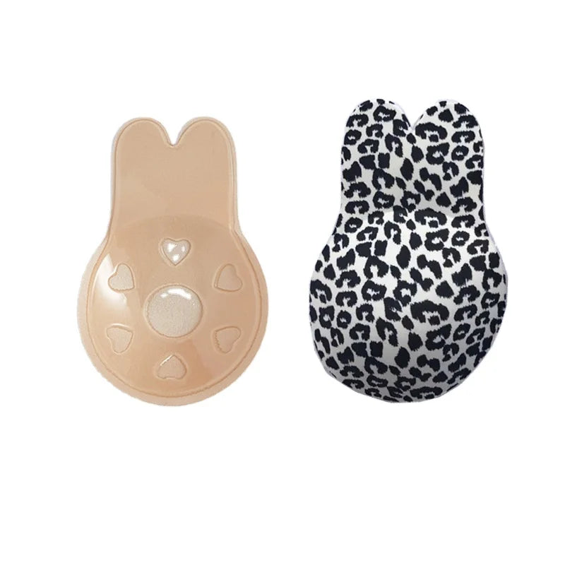 Leopard Print Sticky Silicone Rabbit Strapless Breast Self Lift Backless Invisible Push-up Adhesive Bra Plus Size Support