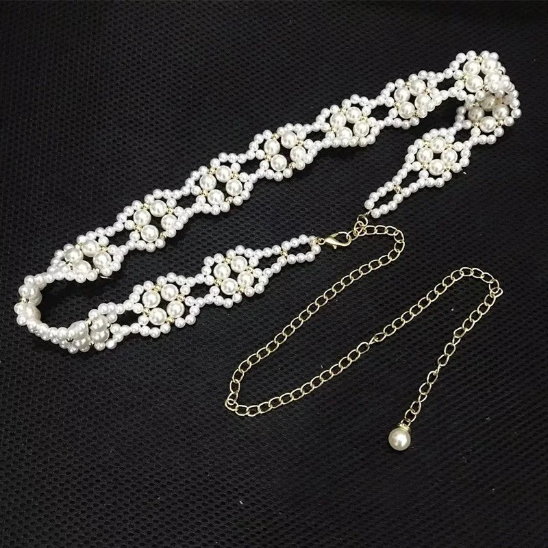 Fashion Versatile Sweet Decorative Pearl Beaded Belt Ladies Waist Hanging Wide Belt