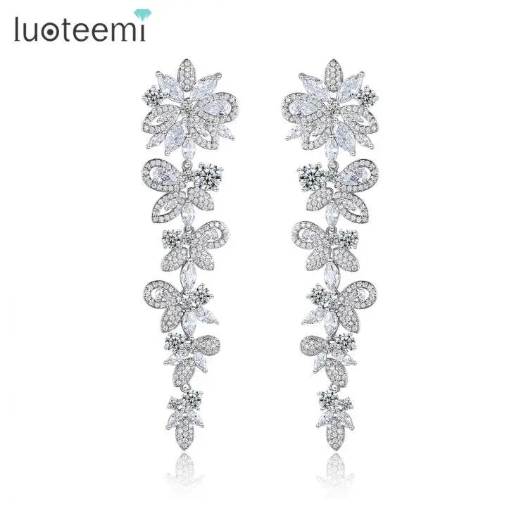 LUOTEEMI Luxury Flower Long Drop Chandelier Full Diamond Cubic Zirconia CZ Wedding Earrings Trend Bling Tassel Earrings