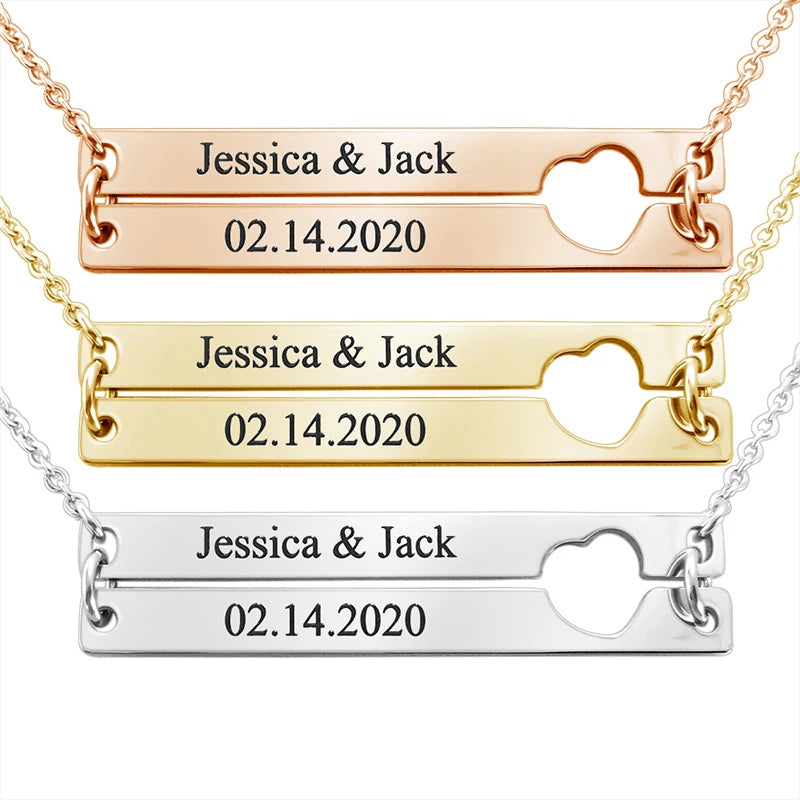 Qiuhan OEM Stainless Steel Gold Plated Custom Name Double Row Hollow Heart Splicing Lettering Pendant Necklace for Women Gifts